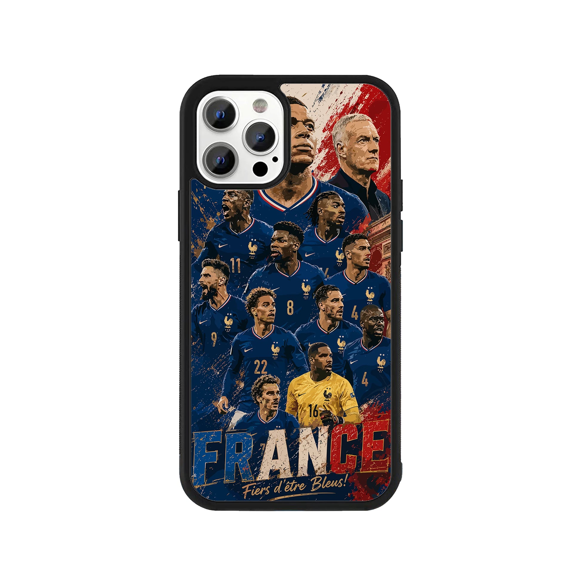 A smartphone case featuring a detailed illustration collage of the France national football team players against a blue, white, and red splatter background, with 'FRANCE' text and a protective black bumper - sports phone accessory by Stick-On Limited.