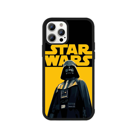 A smartphone case featuring a graphic illustration of Darth Vader against a solid yellow background with the classic yellow Star Wars logo at the top, surrounded by a black protective bumper edge.