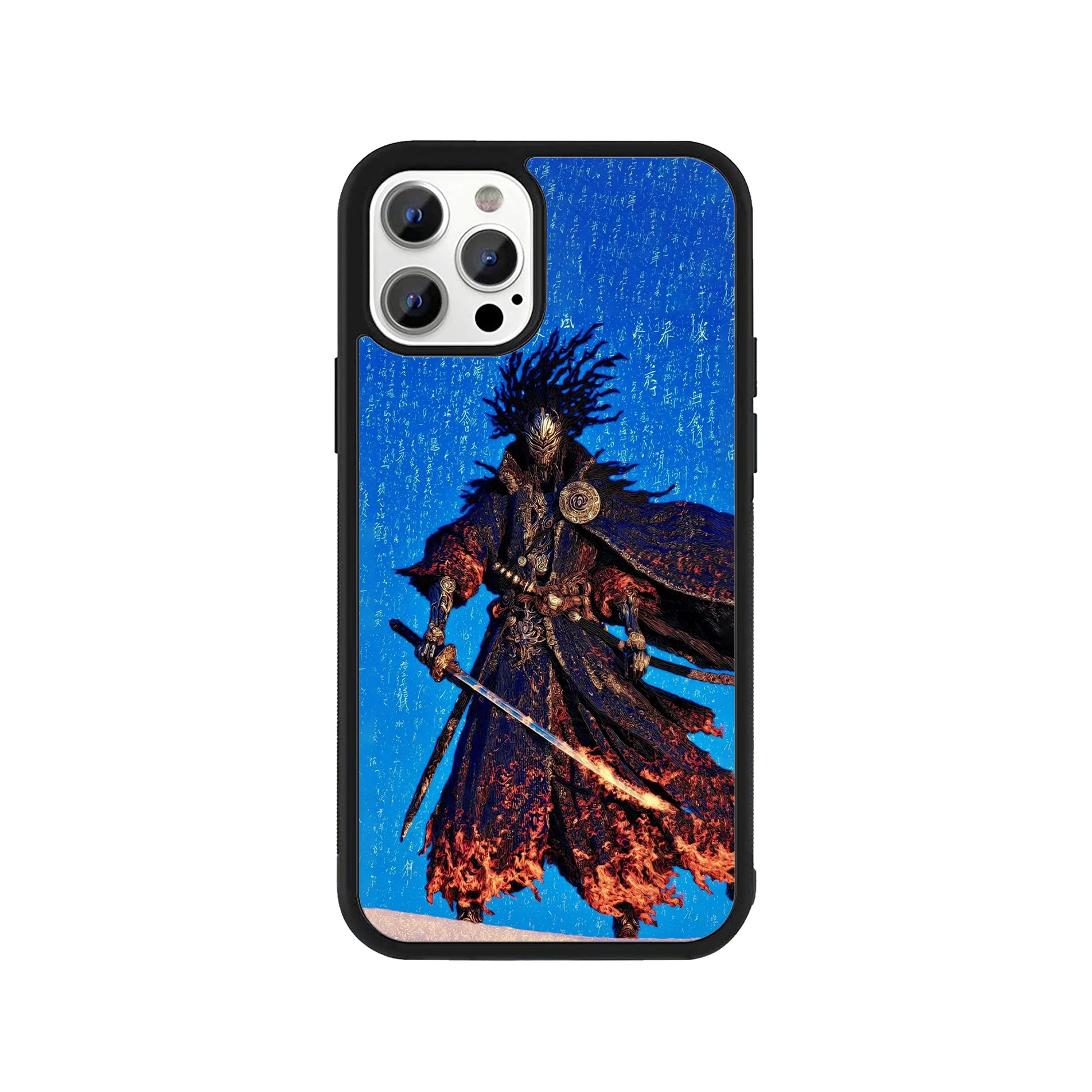 Phone case featuring a dark warrior with a glowing sword and burning robes against a blue background with white runes - dark fantasy gaming cover by Stick-On Limited.