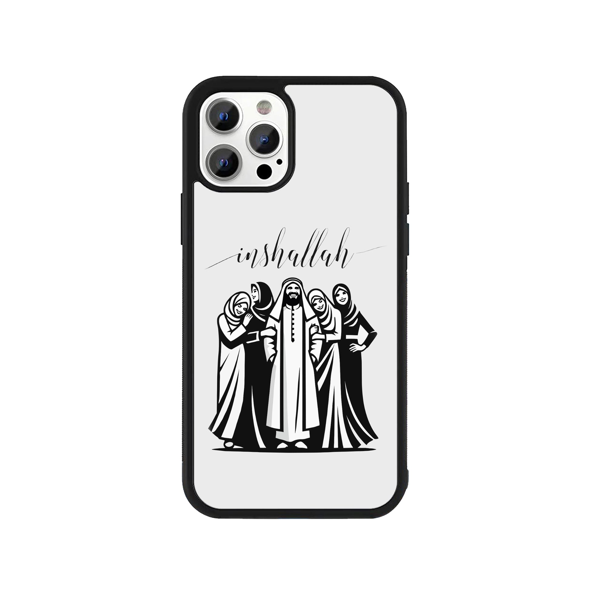 A white smartphone case featuring a black and white illustration of a family and 'inshallah' calligraphy with a protective black bumper - Islamic lifestyle phone accessory by Stick-On Limited.