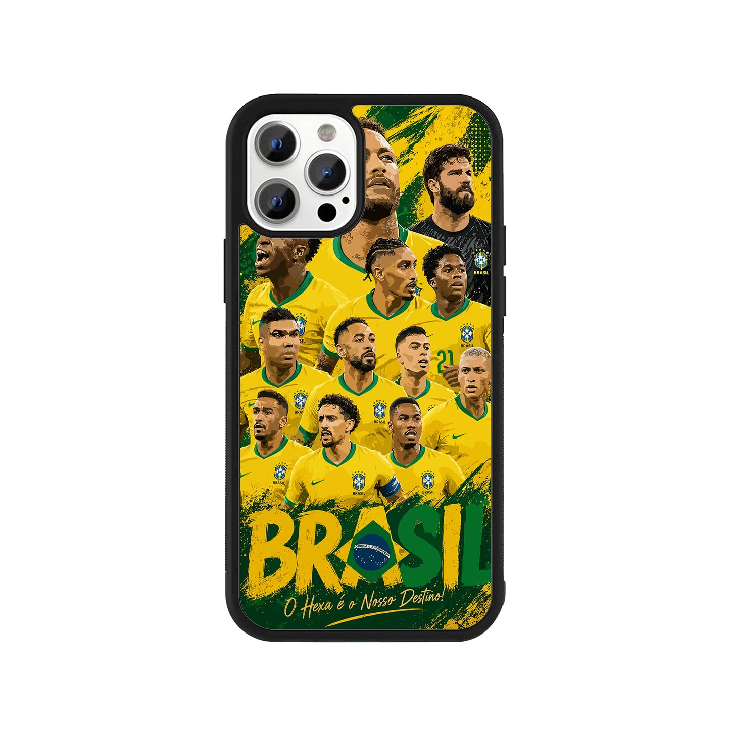 A smartphone case featuring a detailed illustration collage of the Brazil national football team players against a green and yellow background, with 'BRASIL' text and a protective black bumper - sports phone accessory by Stick-On Limited.