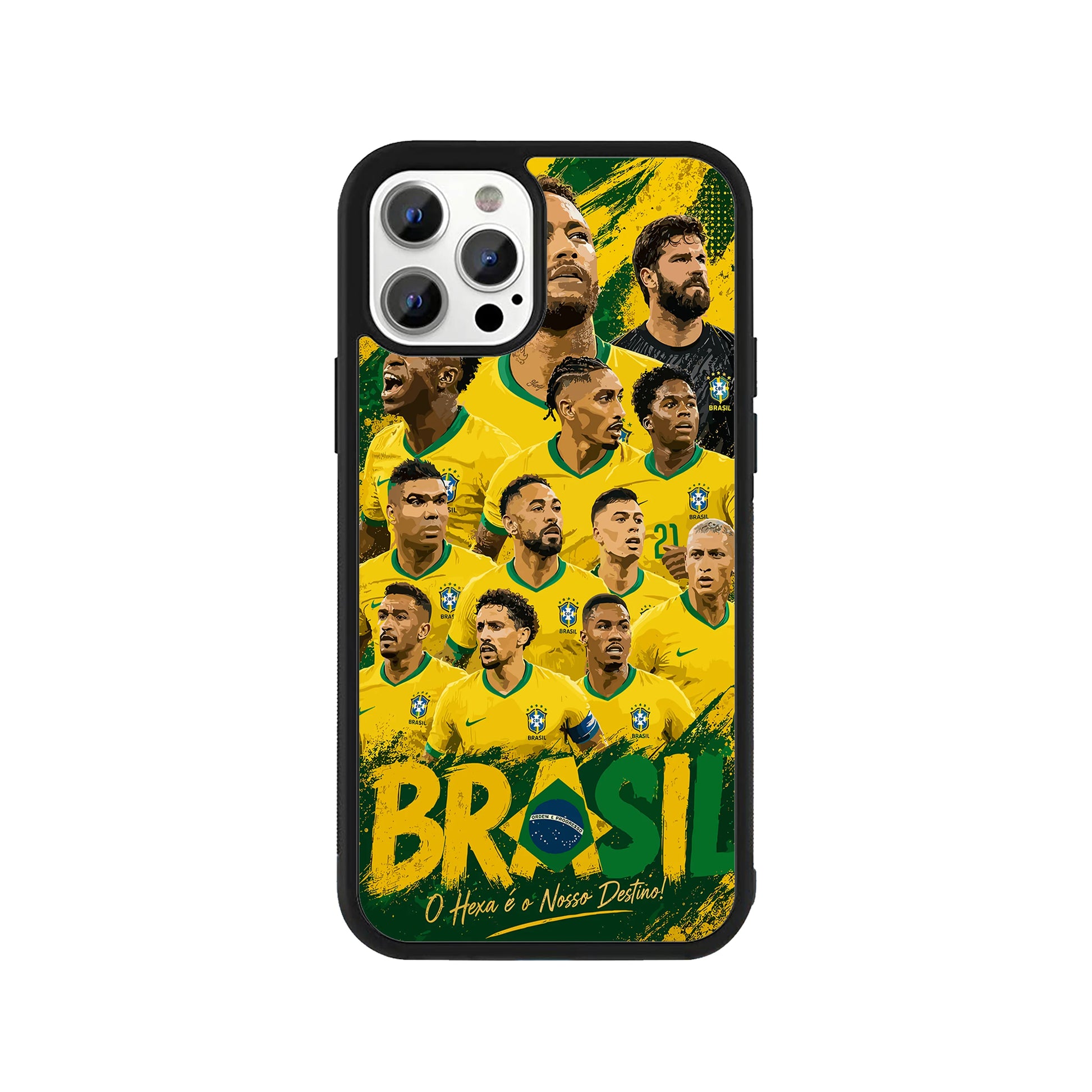 A smartphone case featuring a detailed illustration collage of the Brazil national football team players against a green and yellow background, with 'BRASIL' text and a protective black bumper - sports phone accessory by Stick-On Limited.