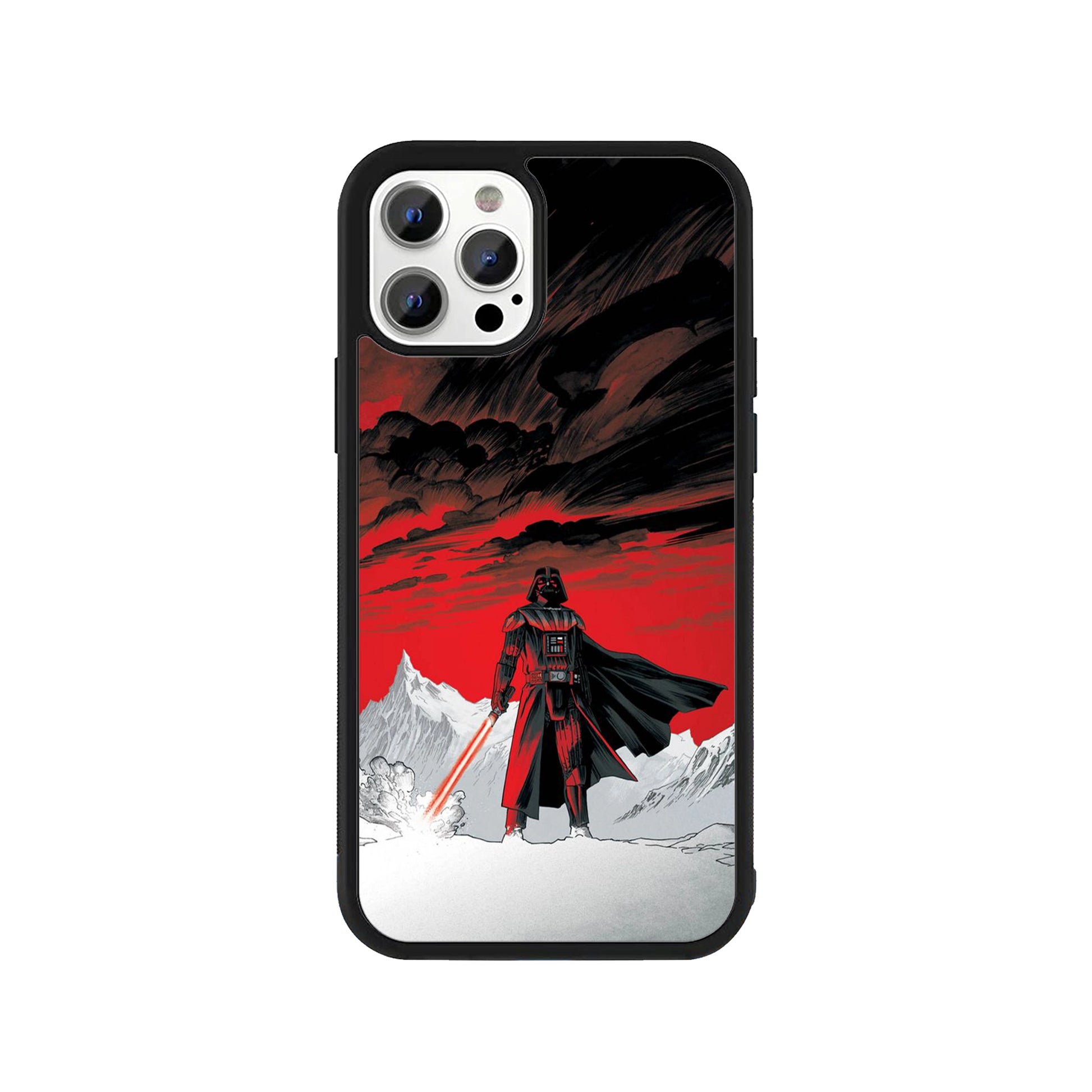 A smartphone case featuring Darth Vader with a red lightsaber in a snowy landscape under a red sky with a protective black bumper - Star Wars movie phone accessory by Stick-On Limited