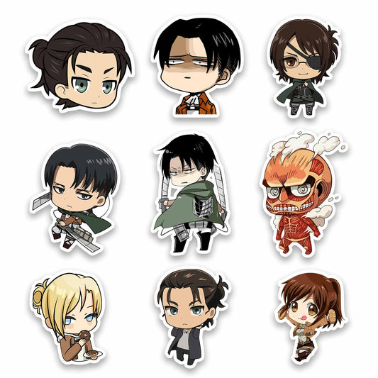 Attack on Titan Sticker Pack – Eren Yeager, Levi Ackerman, Hange Zoe, Colossal Titan chibi anime stickers, Stick-On Chibi Scouts Collection