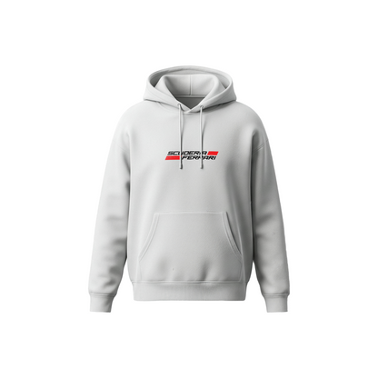 Lewis Hamilton Ferrari hoodie – white motorsport hoodie with car blueprint design, Stick-On F1 Collection