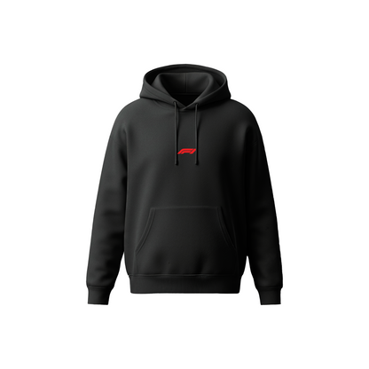 F1 × Bridgestone black hoodie with F1 front logo and Bridgestone back print – Stick-On Racing Collection