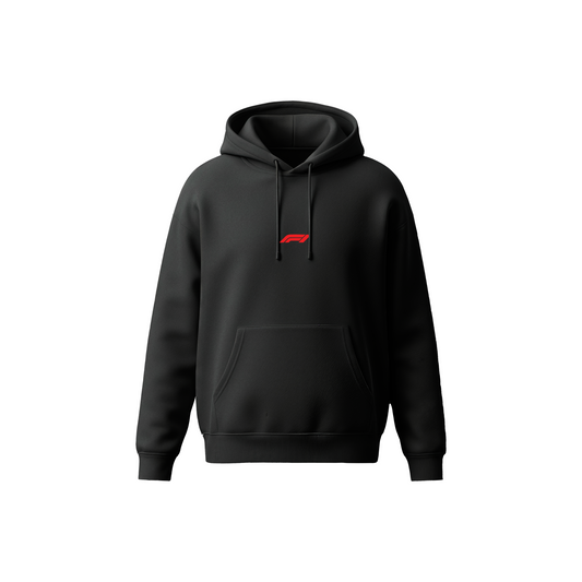 F1 × Bridgestone black hoodie with F1 front logo and Bridgestone back print – Stick-On Racing Collection