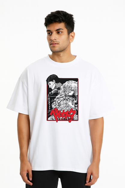 Berserk Duo Tee (White Edition) – Oversized drop-shoulder 180 GSM cotton anime T-shirt by Stick-On (Unisex M–5XL)