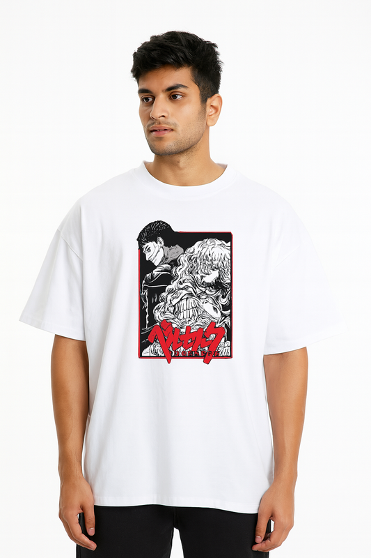 Berserk Duo Tee (White Edition) – Oversized drop-shoulder 180 GSM cotton anime T-shirt by Stick-On (Unisex M–5XL)