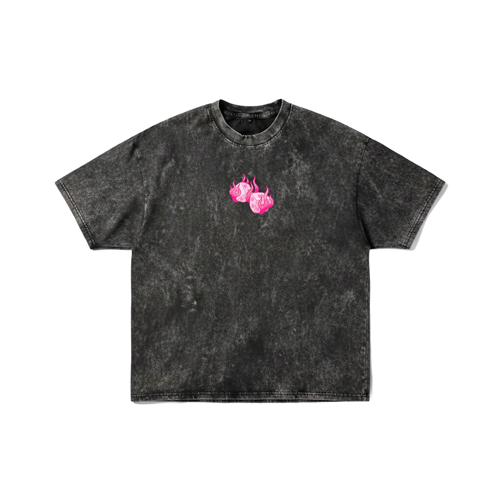 Front and back view of a dark grey acid wash oversized t-shirt. The front features pink flaming dice, and the back features a large pink flaming heart with the text LOVE IS FEELING NOT A DECISION - premium streetwear apparel by Stick-On Limited.