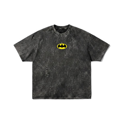 Dark grey acid wash t-shirt with yellow Batman logo on front and detailed Batmobile technical schematic on back - superhero streetwear by Stick-On Limited.