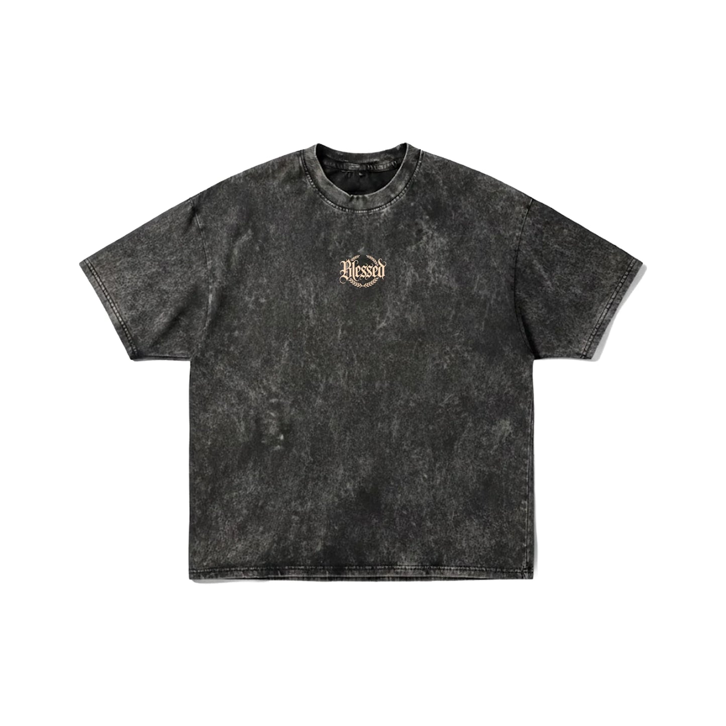 Dark grey acid wash t-shirt with cream "Blessed" gothic text and laurel wreath on front and back - streetwear by Stick-On Limited.