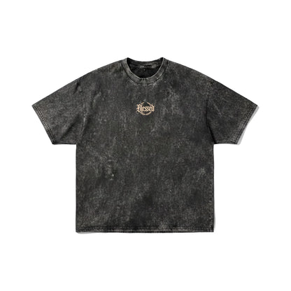 Dark grey acid wash t-shirt with cream "Blessed" gothic text and laurel wreath on front and back - streetwear by Stick-On Limited.