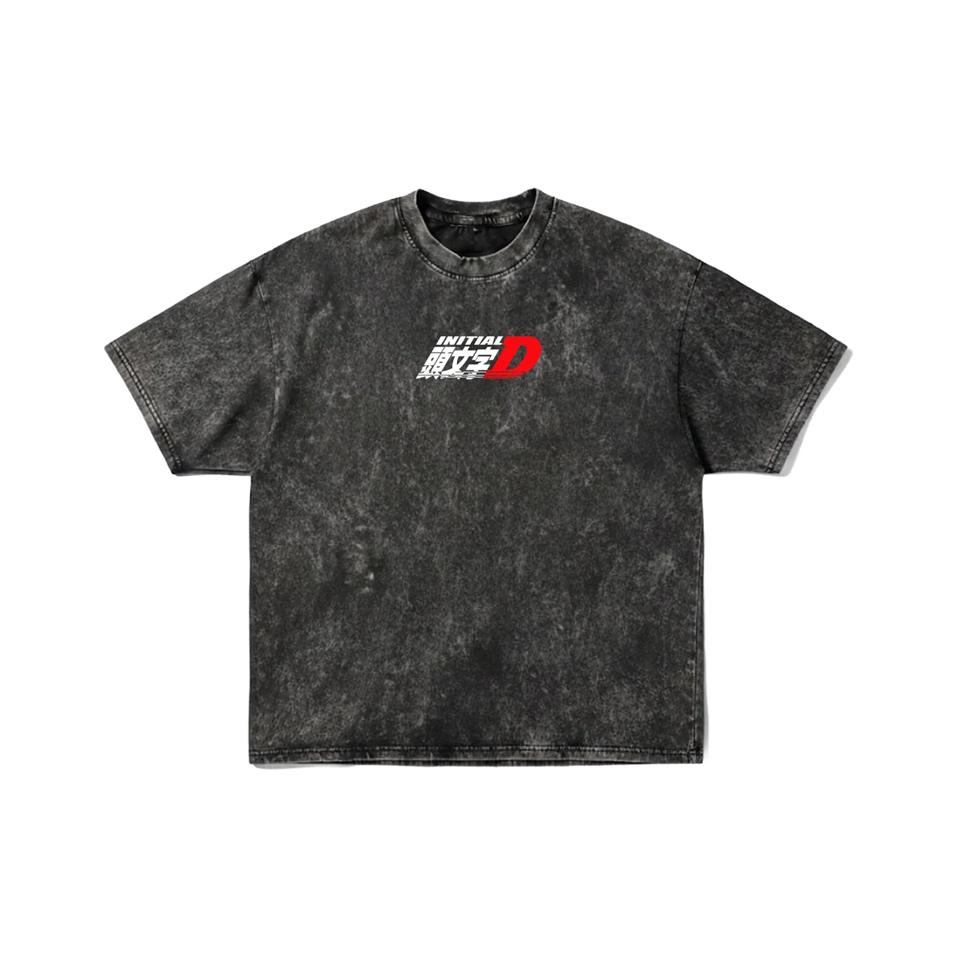 Dark grey acid wash t-shirt with Initial D logo on front and large 86 Toyota Sprinter Trueno text on back - JDM anime streetwear by Stick-On Limited.