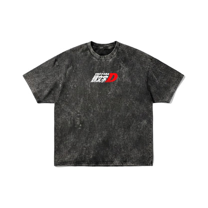 Dark grey acid wash t-shirt with Initial D logo on front and large 86 Toyota Sprinter Trueno text on back - JDM anime streetwear by Stick-On Limited.
