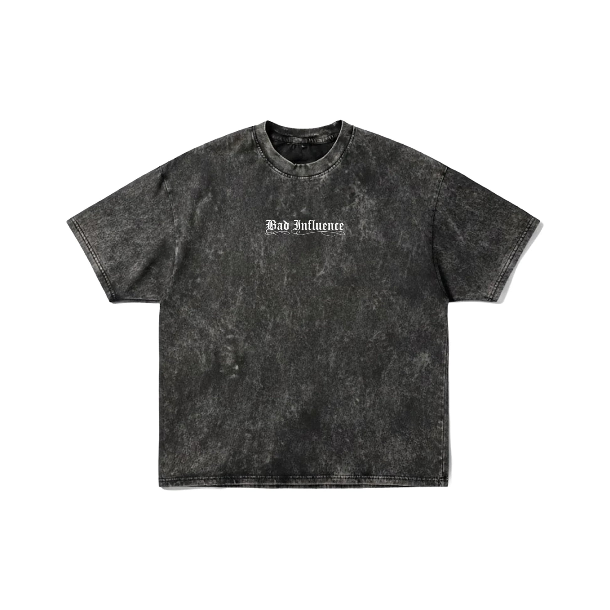 Dark grey acid wash t-shirt with "Bad Influence" gothic text on front and large white skeleton spine wings on back - grunge streetwear by Stick-On Limited.