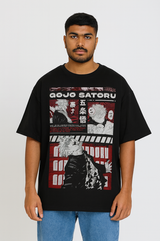 Gojo Red Shadow Oversized Tee (Jujutsu Kaisen) – Oversized drop-shoulder 180 GSM cotton anime T-shirt by Stick-On (Unisex M–5XL)