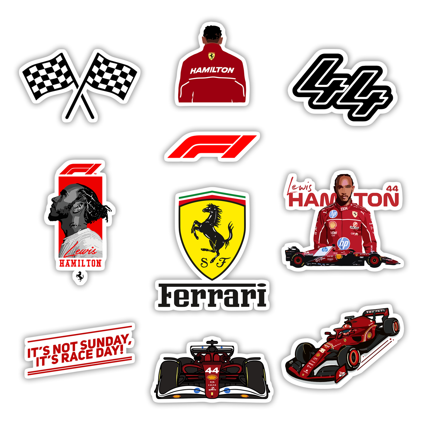 Set of 10 Formula 1 stickers featuring Lewis Hamilton in Ferrari red, the number 44, F1 cars, and the Ferrari shield - Stick-On Limited collection.