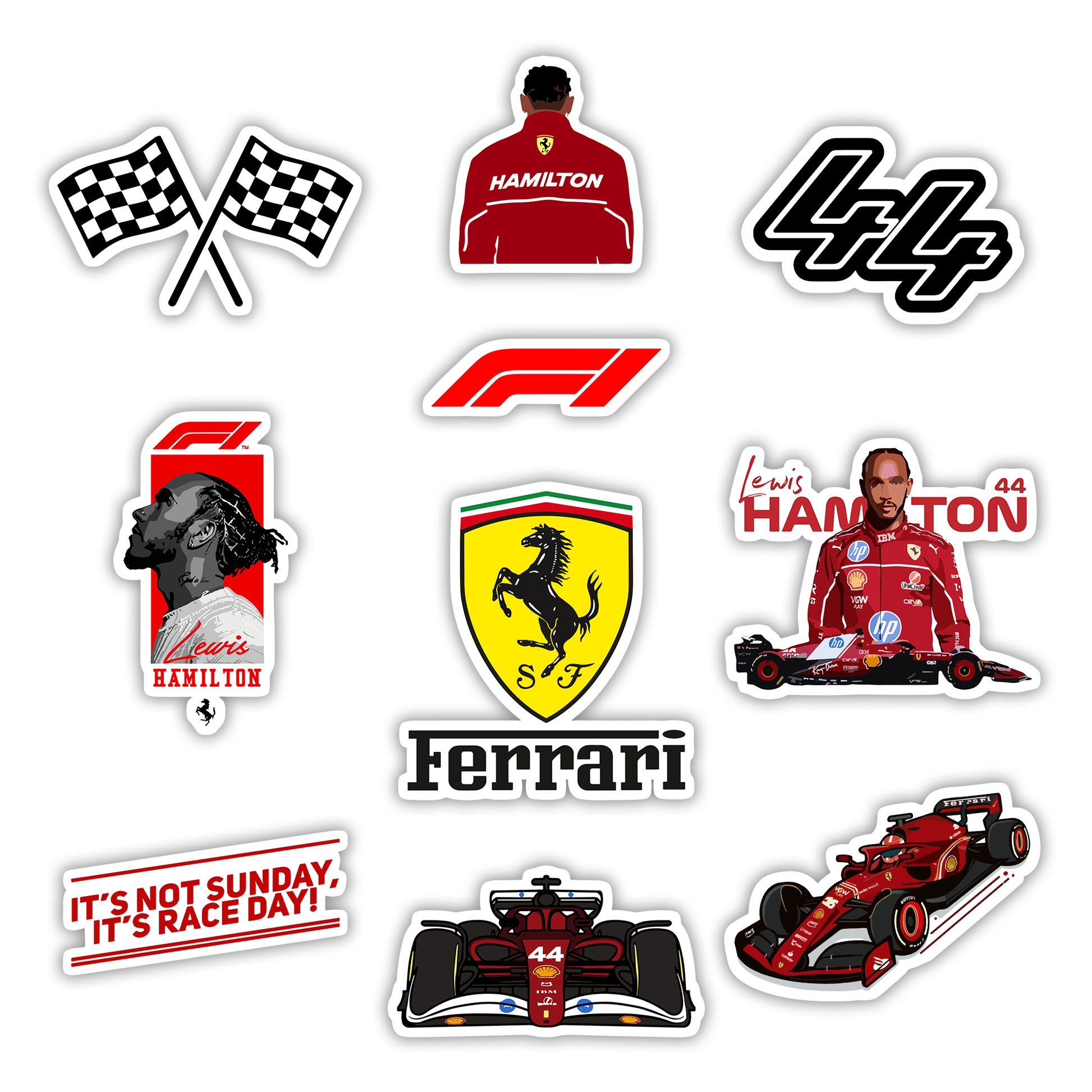 Set of 10 Formula 1 stickers featuring Lewis Hamilton in Ferrari red, the number 44, F1 cars, and the Ferrari shield - Stick-On Limited collection.