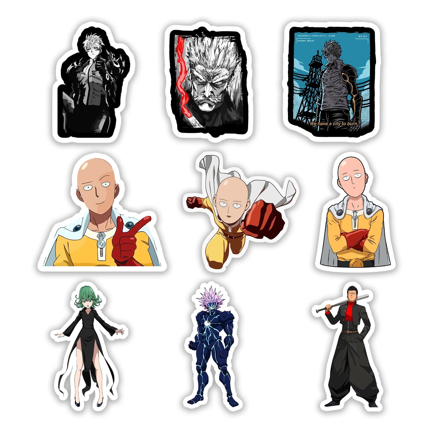One Punch Man Sticker Pack – Saitama, Genos, Garou, Tatsumaki anime stickers, Stick-On Serious Punch Collection