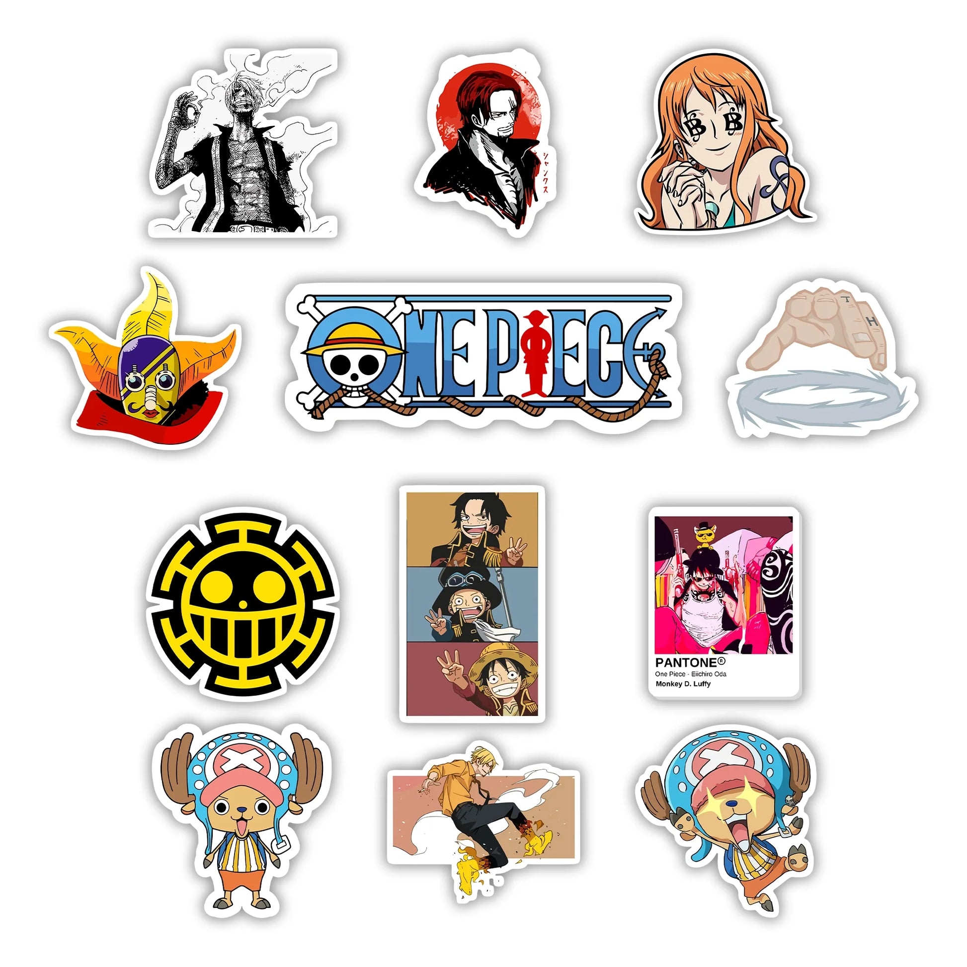One Piece Sticker Pack – anime vinyl stickers featuring Luffy, Nami, Zoro, Chopper, Shanks, and One Piece logo, Stick-On Anime Collection
