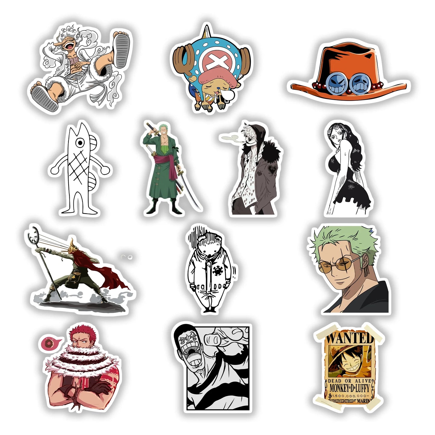 One Piece Sticker Pack – anime vinyl stickers featuring Luffy, Zoro, Ace, Law, Chopper, and the Wanted poster of Luffy, Stick-On Anime Collection