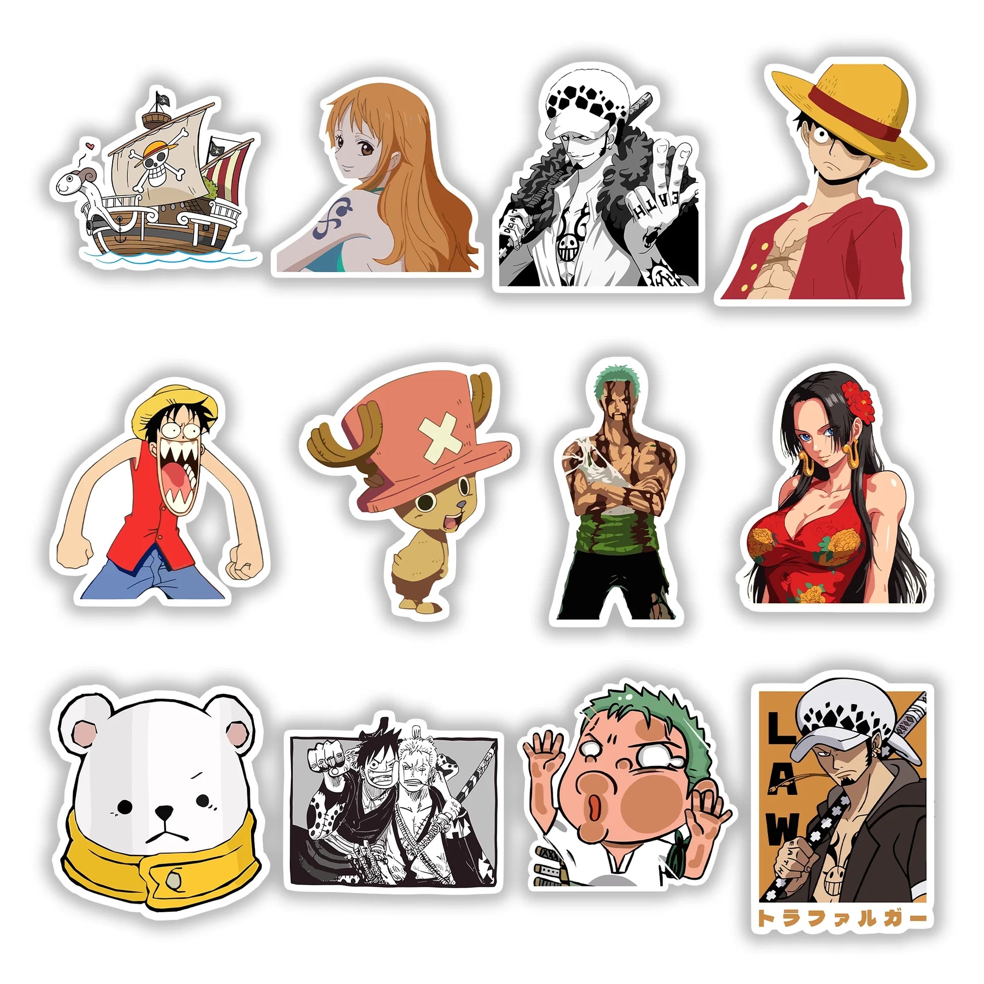One Piece Sticker Pack – anime vinyl stickers featuring Luffy, Zoro, Nami, Chopper, Law, and Boa Hancock, Stick-On Anime Collection