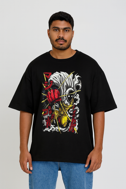 One Punch Man – Saitama Impact Oversized Tee – Oversized drop-shoulder 180 GSM cotton anime T-shirt by Stick-On (Unisex M–5XL)
