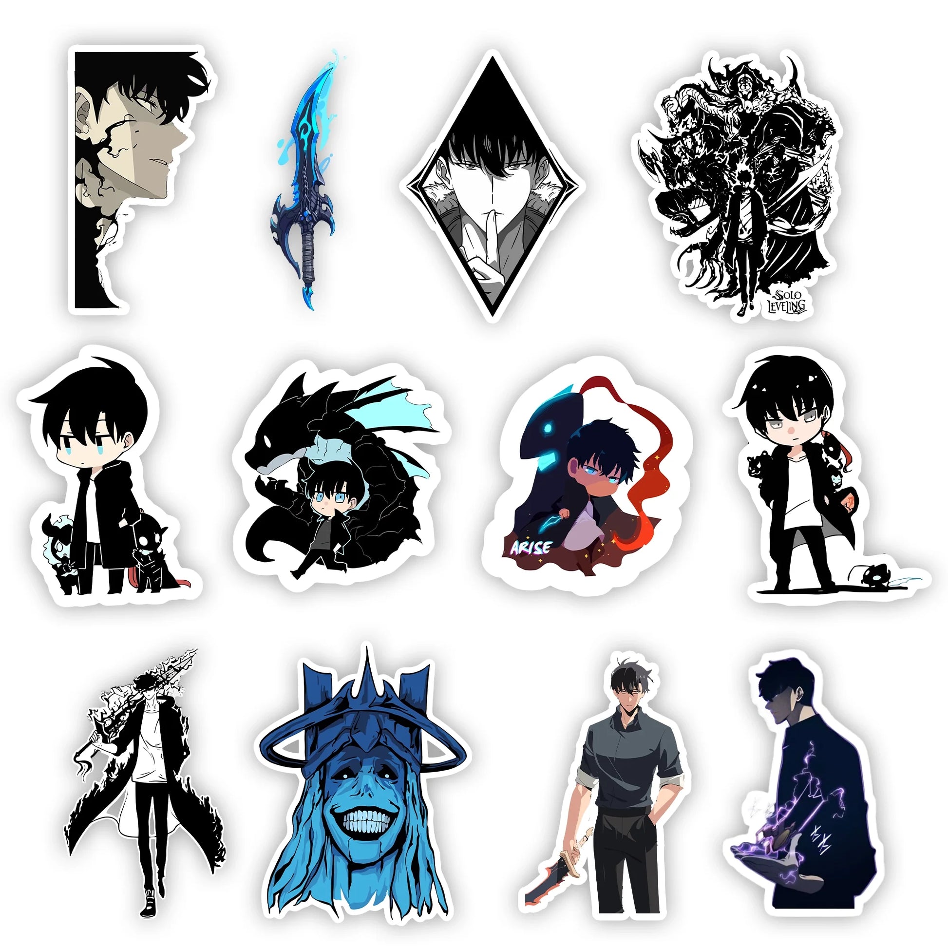 Solo Leveling Sticker Pack – Sung Jinwoo, Shadow Army, Arise sword anime stickers, Stick-On Arise Collection