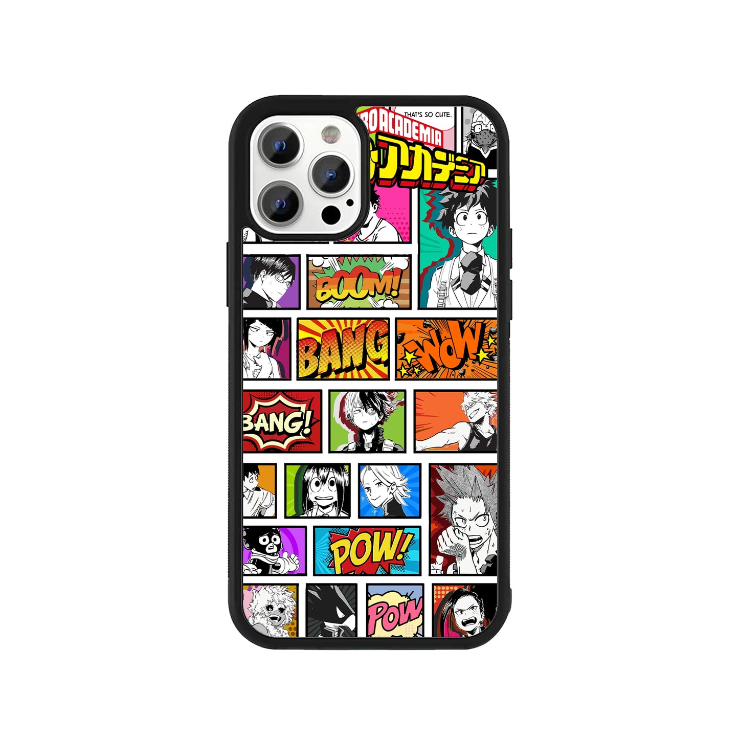 My Hero Academia phone case – colorful comic panel pop art design with anime characters, Stick-On anime collection