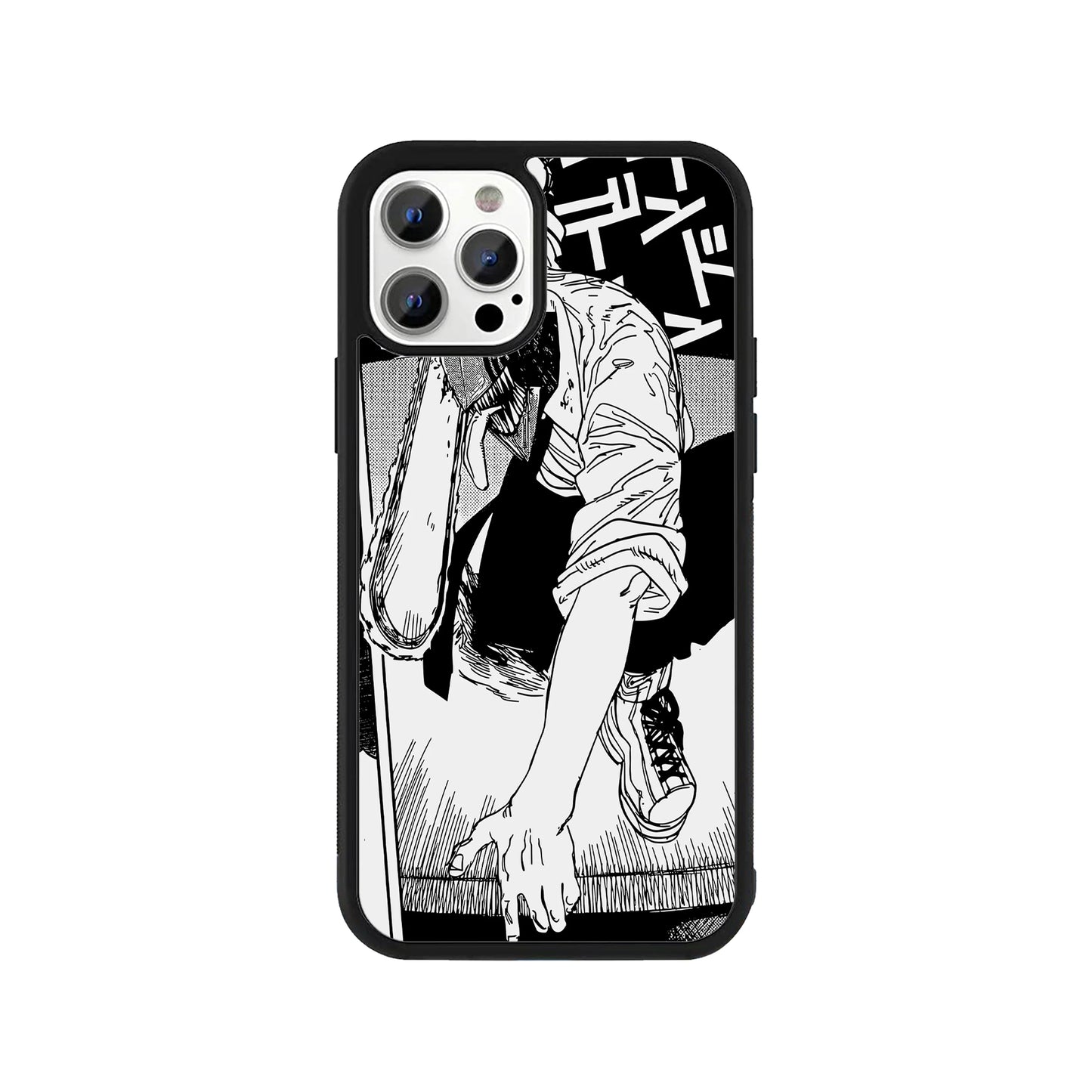 Chainsaw Man phone case – black and white manga panel design with Denji, Stick-On anime collection