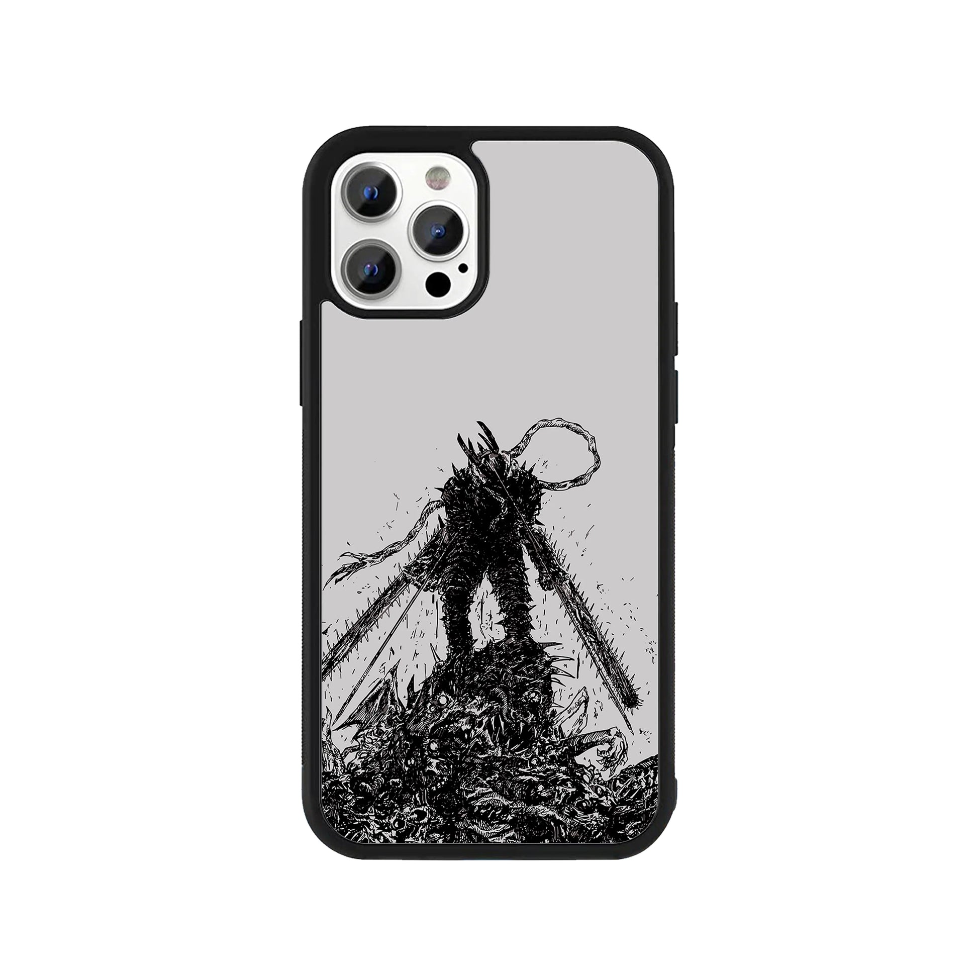 Chainsaw Man phone case – monochrome manga art design with Denji standing over defeated foes, Stick-On anime collection