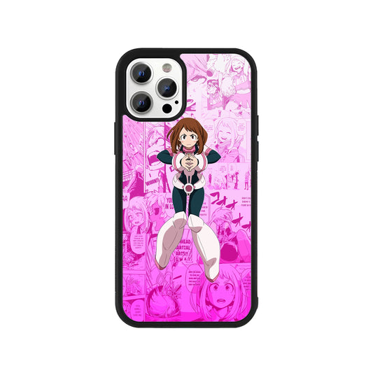 Ochaco Uraraka My Hero Academia phone case – pink manga collage background with anime character, Stick-On anime collection