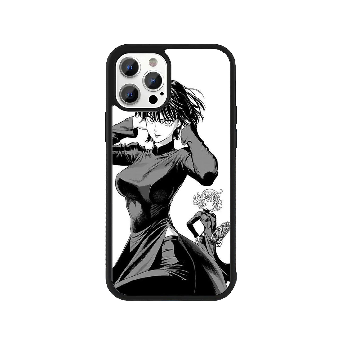 Fubuki and Tatsumaki One Punch Man phone case – black and white manga-style anime design, Stick-On collection