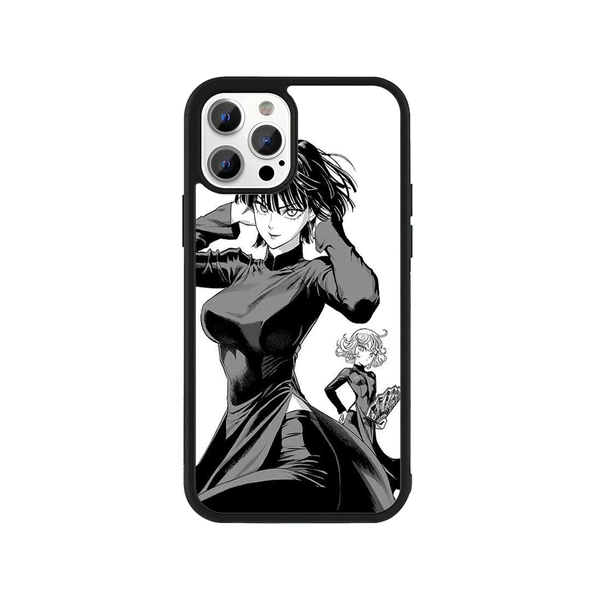 Fubuki and Tatsumaki One Punch Man phone case – black and white manga-style anime design, Stick-On collection