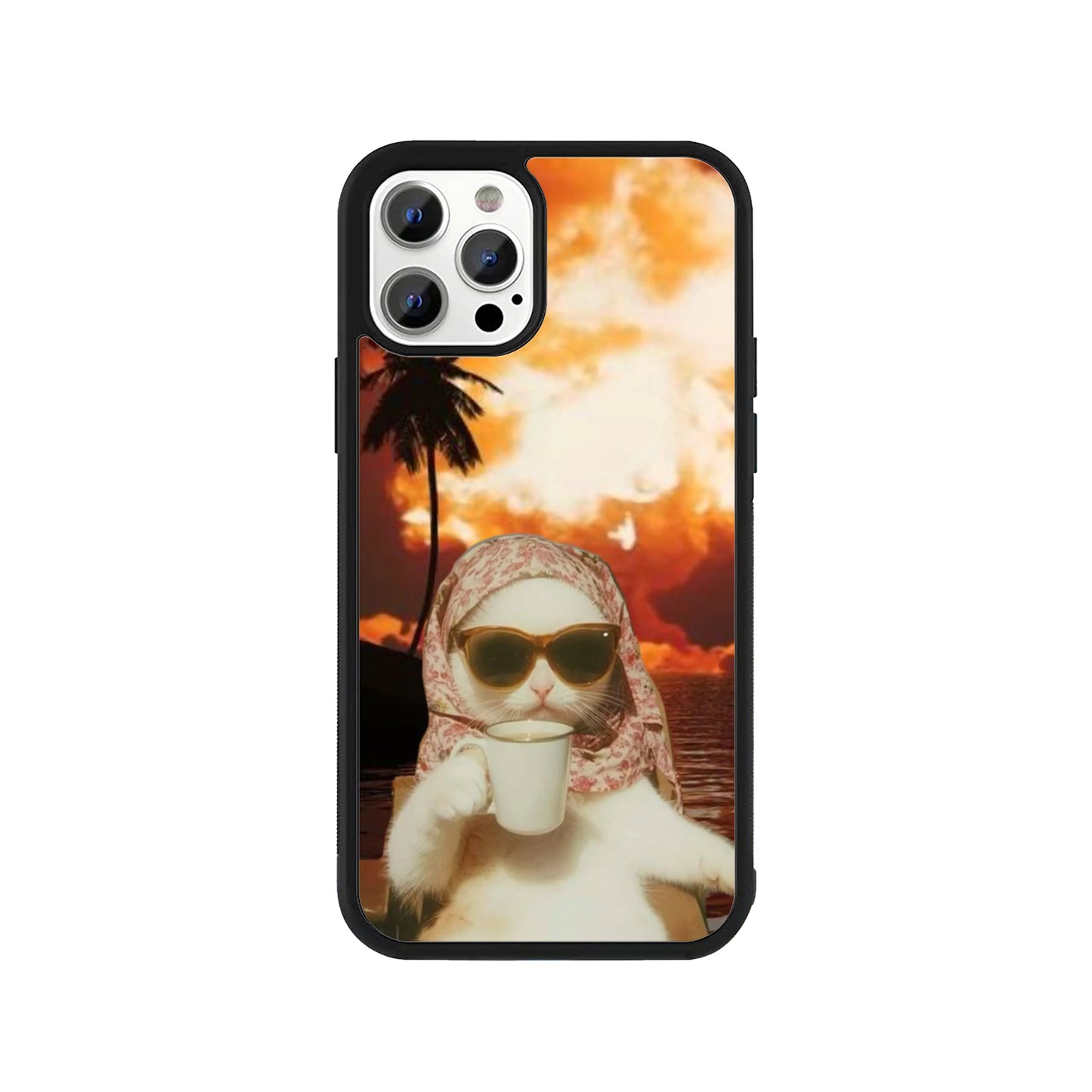 Vacation cat phone case – cat wearing sunglasses and scarf, drinking coffee at sunset, Stick-On animal collection