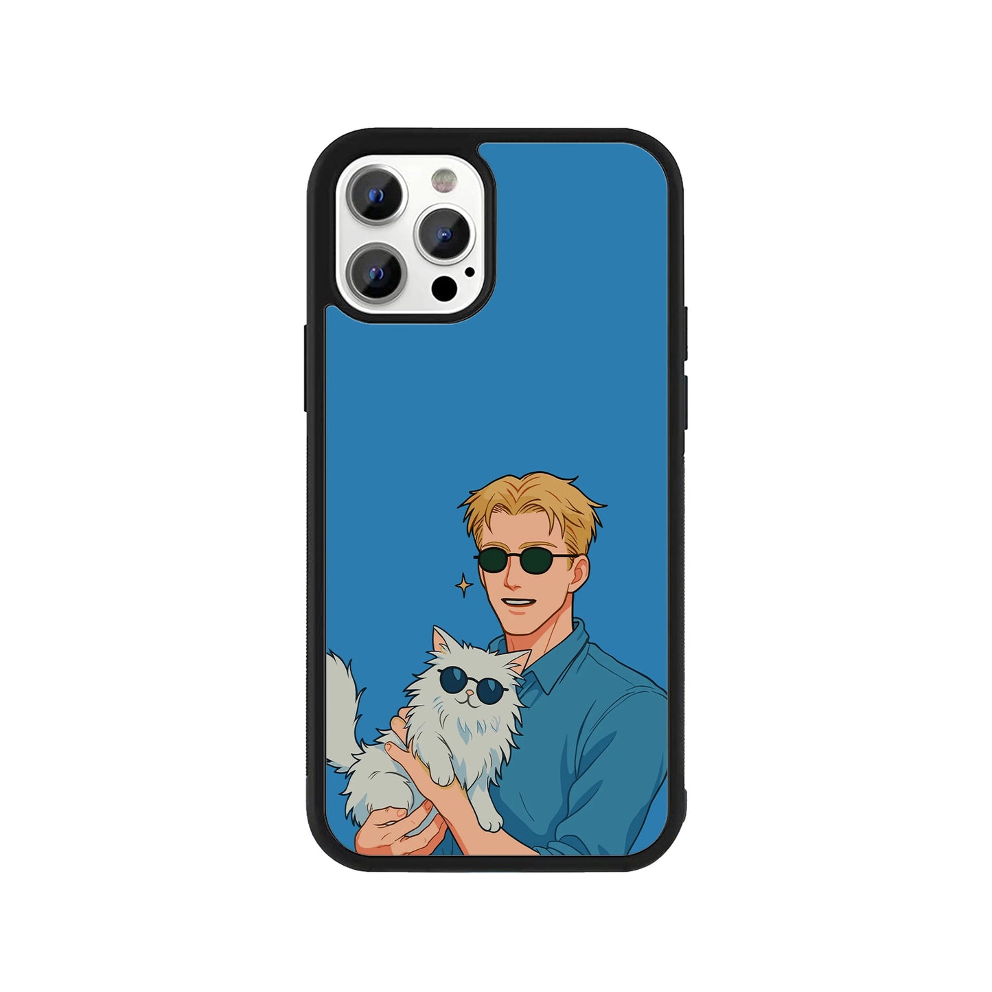Cool Guy and Cat phone case – man and cat wearing sunglasses on blue background, Stick-On anime collection