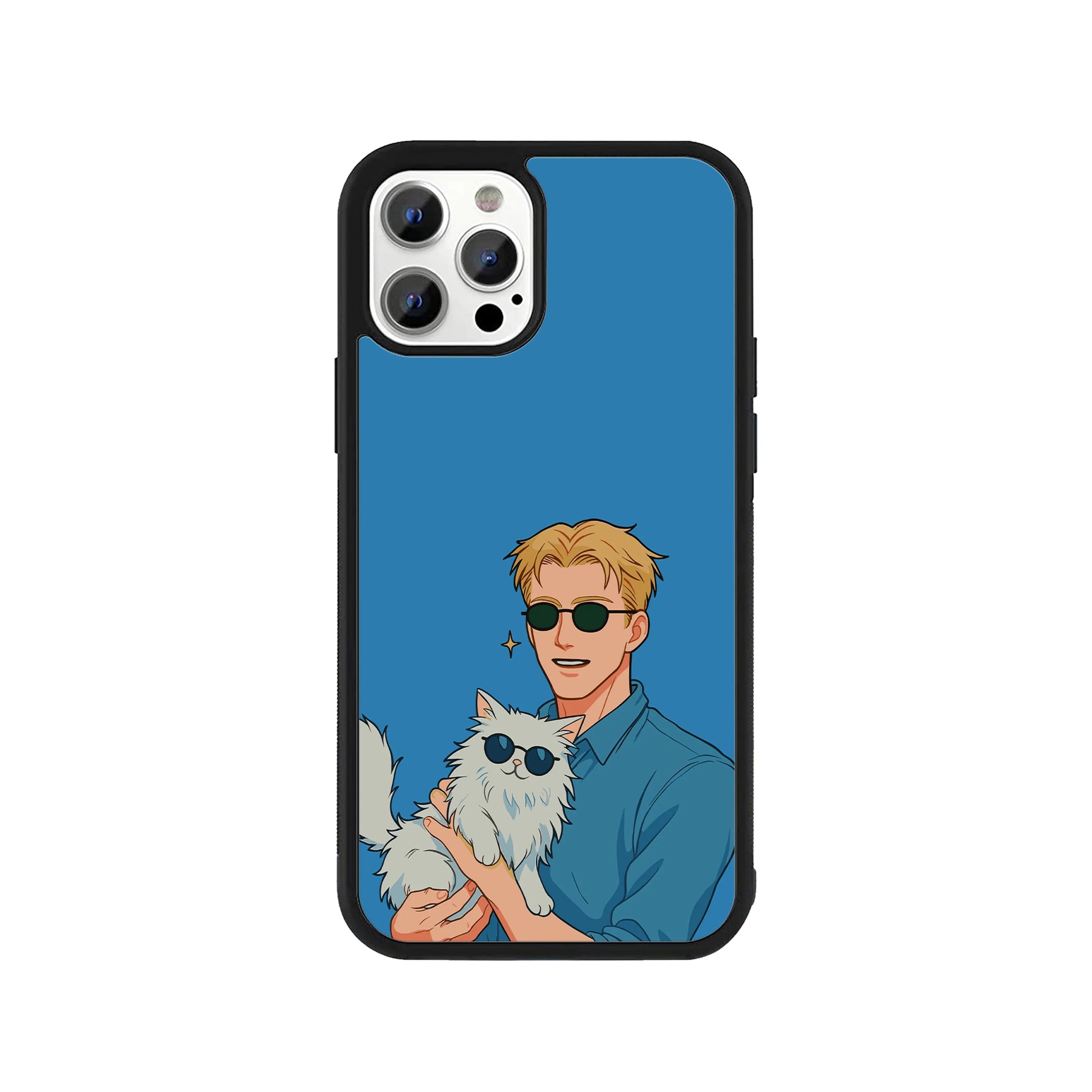Cool Guy and Cat phone case – man and cat wearing sunglasses on blue background, Stick-On anime collection