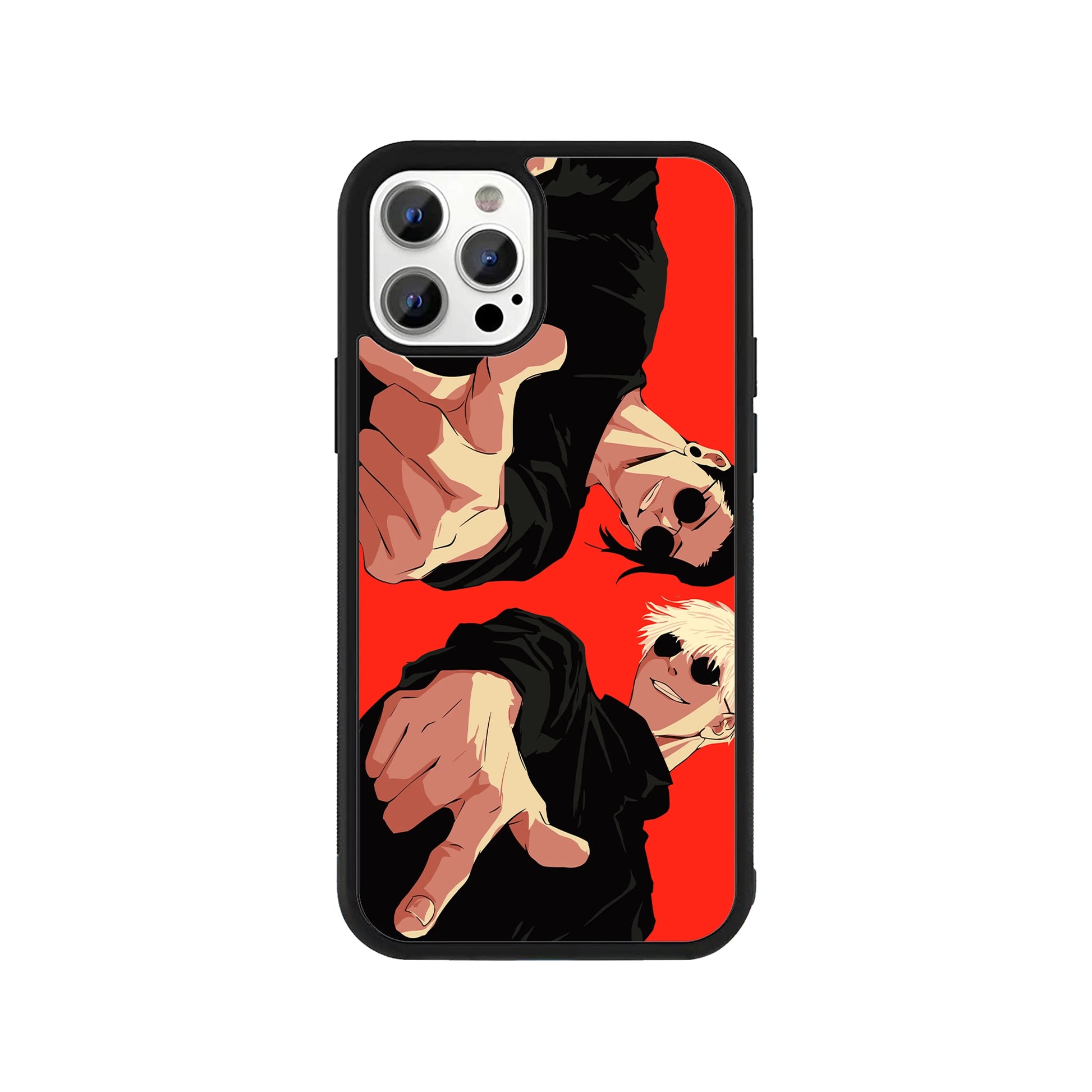 Gojo and Geto Jujutsu Kaisen phone case – red background, anime duo in black outfits, Stick-On anime collection