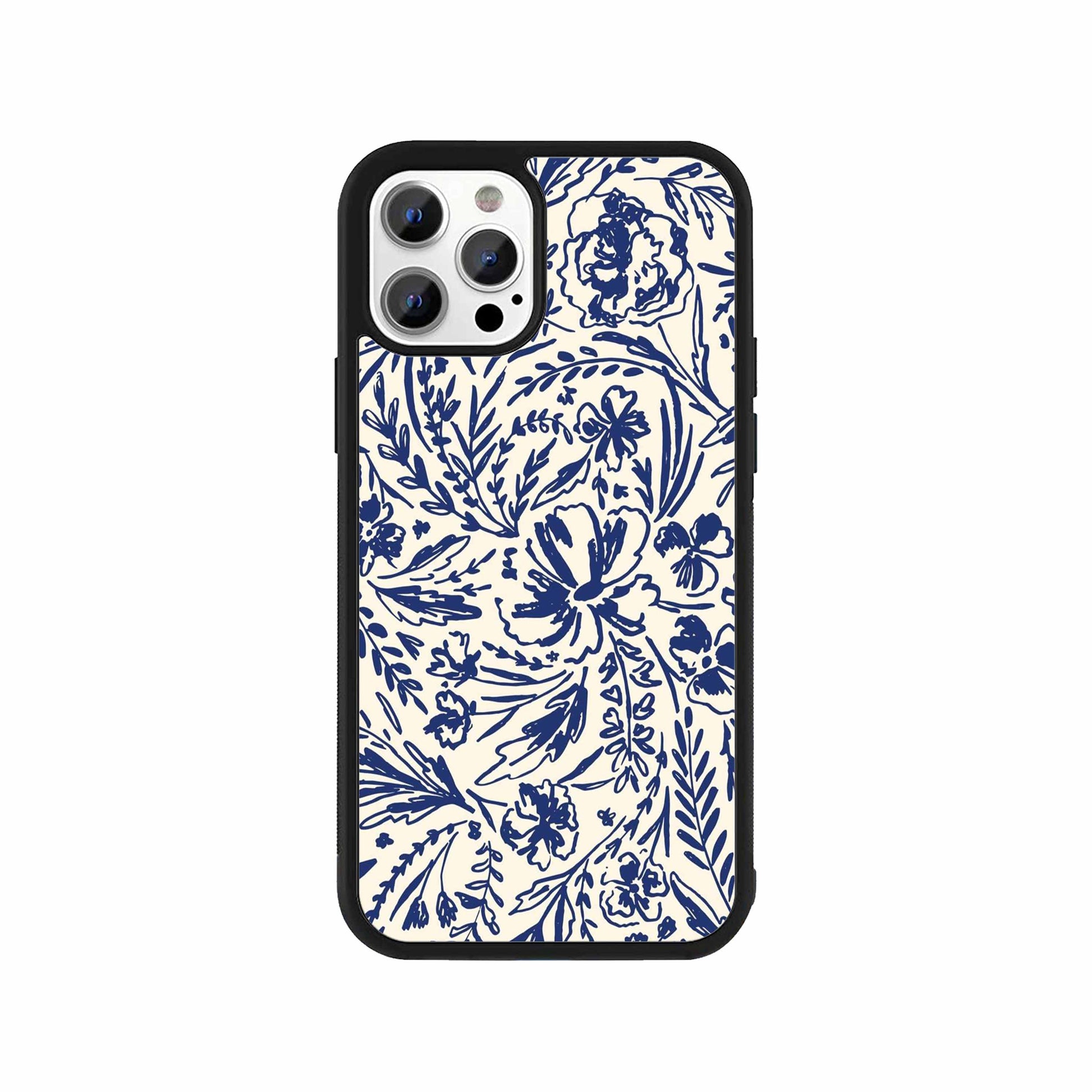 Navy floral phone case with botanical hand-drawn flower and leaf design by Stick-On