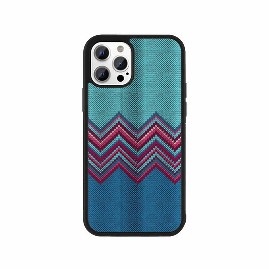 Blue Knitted Zigzag Phone Case – Teal & Burgundy cozy design by Stick-On