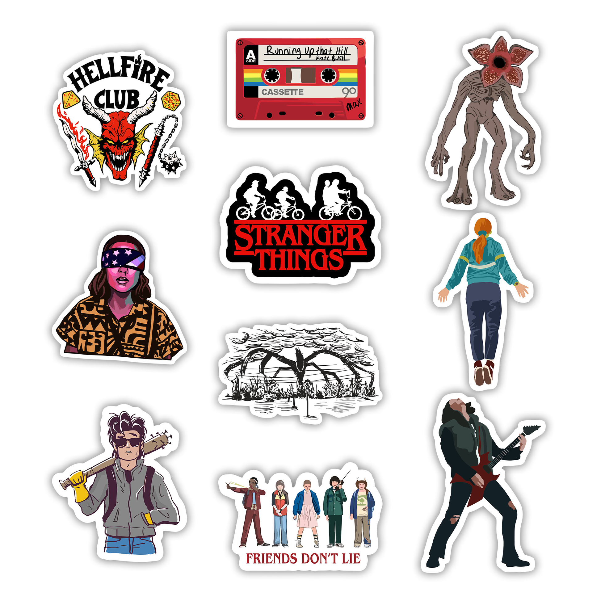 Set of 10 Stranger Things stickers including Hellfire Club logo, Eleven, Demogorgon, Eddie Munson, and Max floating - Stick-On Limited collection.