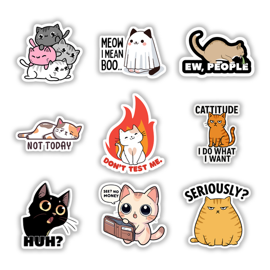 Set of 9 funny and sassy cat stickers featuring designs like ghost cat, empty wallet cat, and angry fire cat - Stick-On Limited collection.