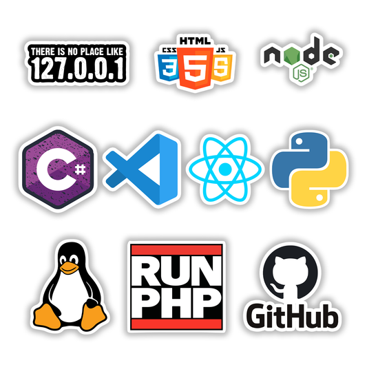 Set of 10 programming and coding stickers including Python, React, Linux, VS Code, and GitHub logos - Stick-On Limited collection