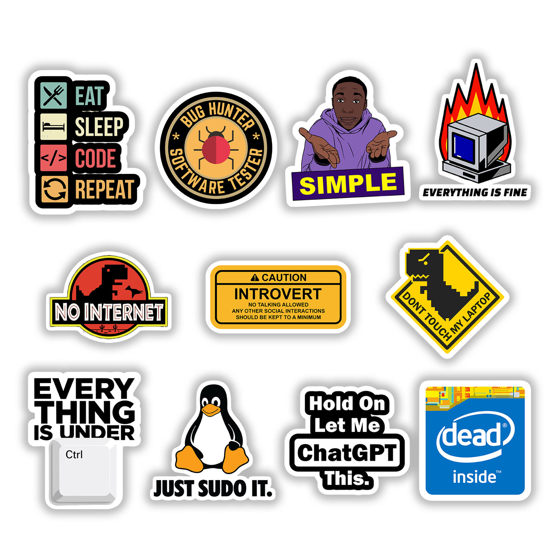 Set of 11 funny developer meme stickers including No Internet dinosaur, Just Sudo It penguin, Dead Inside logo, and Bug Hunter badge - Stick-On Limited collection.
