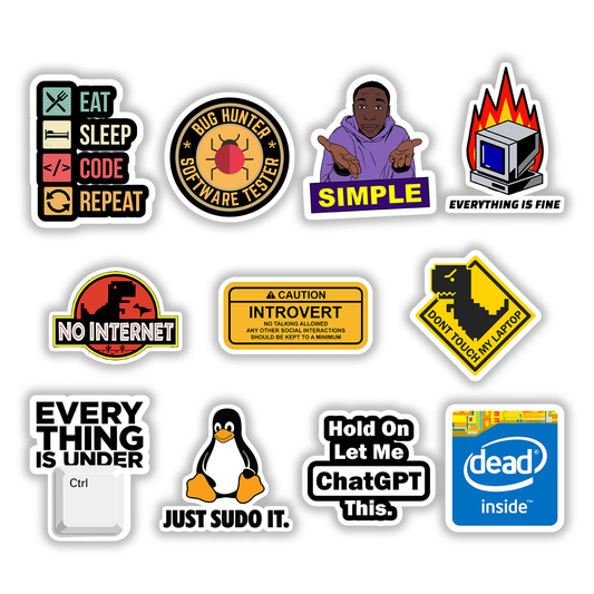 Set of 11 funny developer meme stickers including No Internet dinosaur, Just Sudo It penguin, Dead Inside logo, and Bug Hunter badge - Stick-On Limited collection.