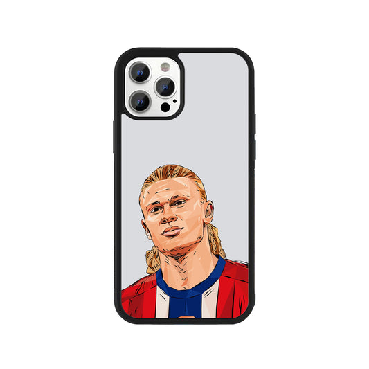 A smartphone case featuring a low-poly vector art illustration of football player Erling Haaland in a red, white, and blue Norway jersey against a light grey background, surrounded by a black protective bumper edge.