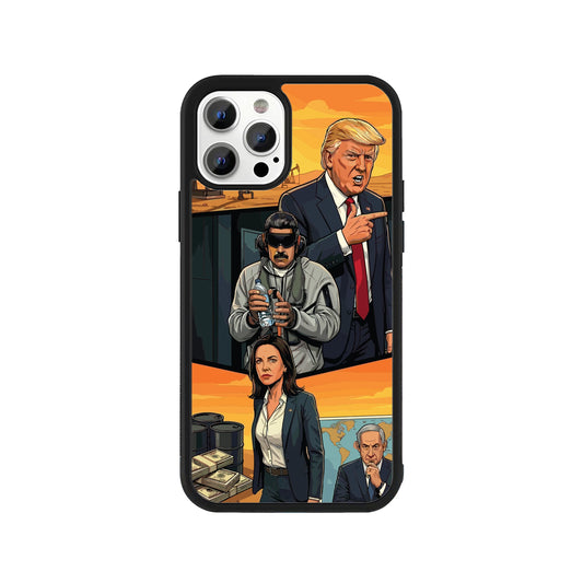 GTA art style phone case featuring Trump, Maduro, Harris, and Netanyahu - political satire cover by Stick-On Limited.