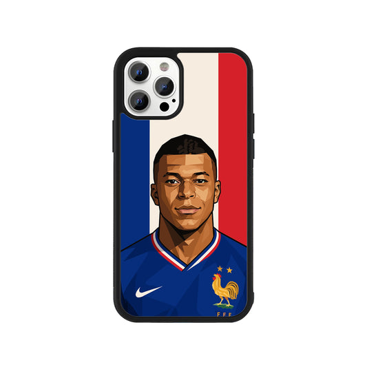 A smartphone case featuring a low-poly vector art illustration of football player Kylian Mbappé in a blue France national team jersey with the FFF rooster logo, set against a background of the French flag, surrounded by a black protective bumper edge.