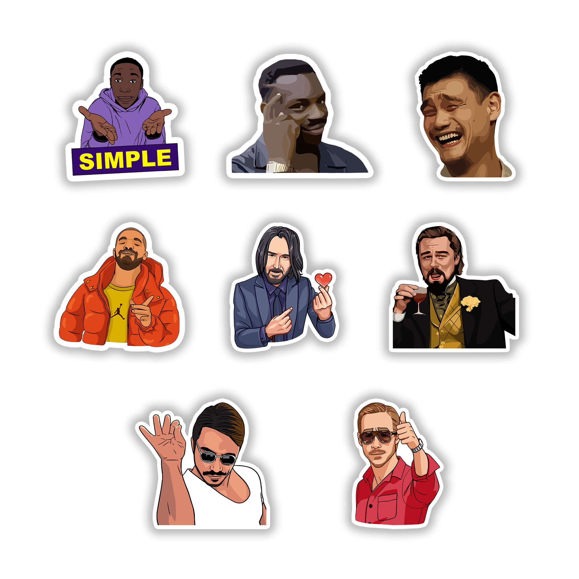 Set of 8 viral meme stickers including Khaby Lame, Drake, Keanu Reeves, Salt Bae, and Leonardo DiCaprio - Stick-On Limited collection.